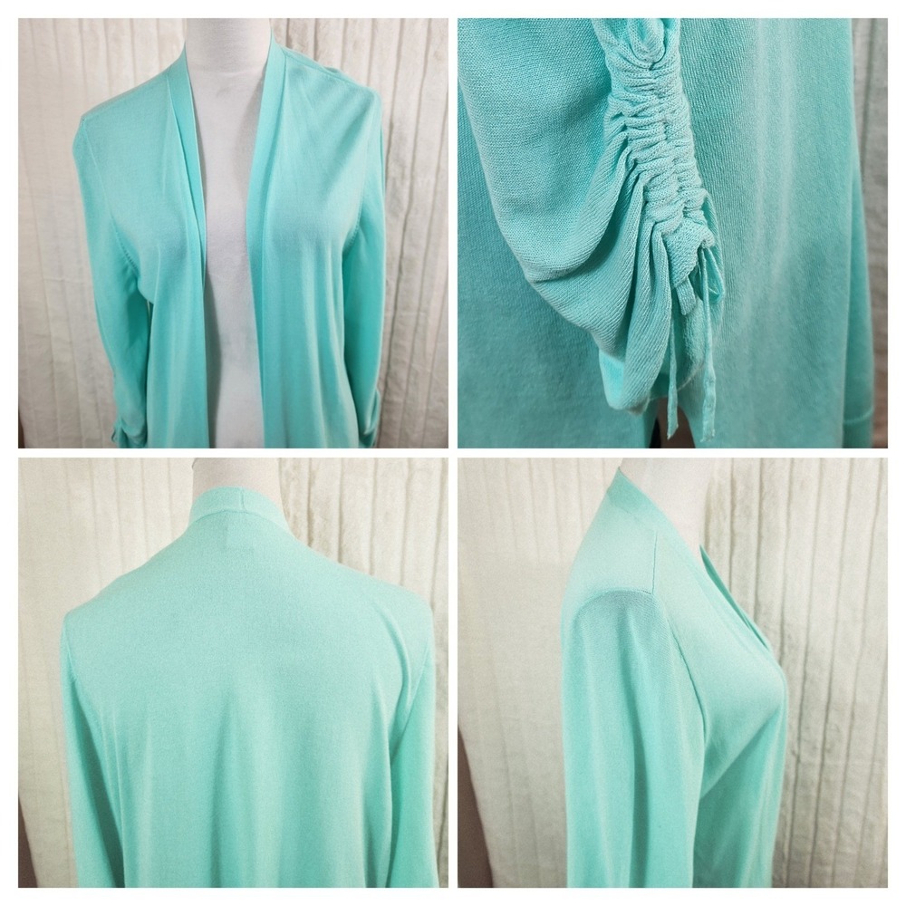 Chico's 2 Seafoam Green Open Front Longline Cardigan Sweater Ruched Sleeve Sz L - Picture 7 of 8